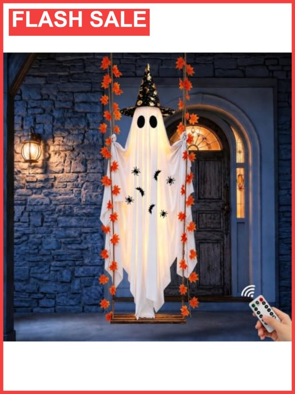 5.4FT Hanging Swing Ghost Halloween Decoration with LED Lights & Witch Hat